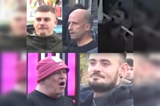Police want to speak to the five men pictured over disorder which broke out on London Road and Hill Street following the match between Sheffield United and Birmingham City at Bramall Lane on October 1, 2022, with punches reportedly being thrown and missiles launched.