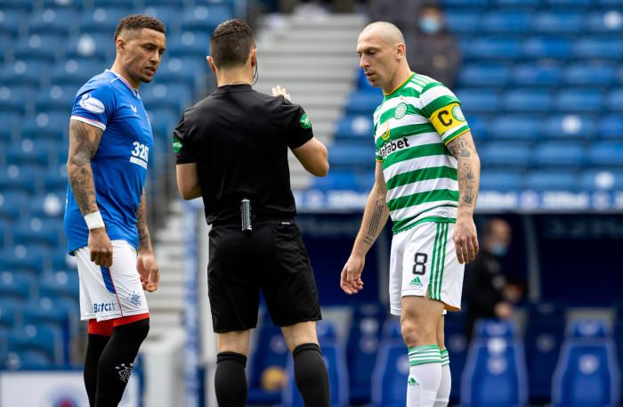 Brown and James Tavernier during a Scottish Premiership match between Rangers and Celtic at Ibrox Park, on May 02, 2021, in Glasgow, Scotland