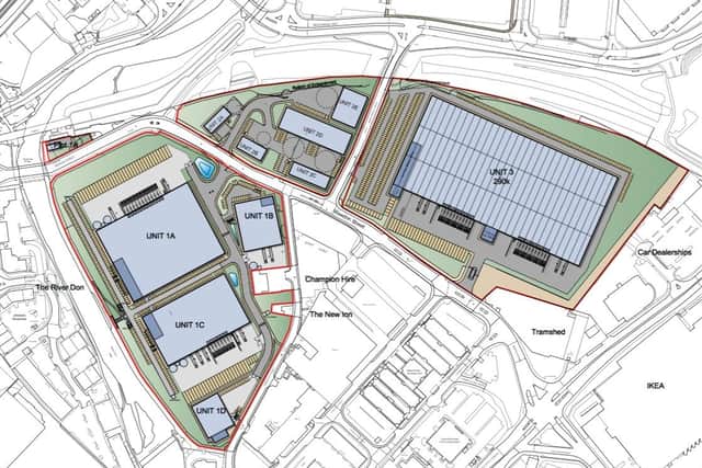 Meadowhall co-owner British Land has submitted plans for four warehouses on its River Don District site to the south of the centre. Wheedon Street runs through the middle.