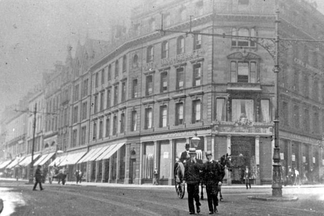 The old Cole Brothers department store, on the corner of Fargate and Church Street, Sheffield city centre, in the early 20th century, before it moved to Barker's Pool. The site is still known as Cole's Corner.