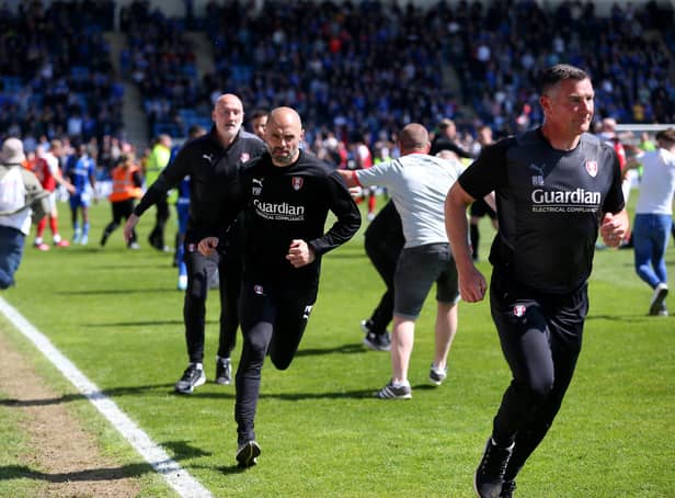 Paul Warne, manager of Rotherham United leaves the pitch after their sides victory during the Sky Bet League One match between Gillingham and Rotherham United at MEMS Priestfield Stadium on April 30, 2022 in Gillingham, England. (Photo by Henry Browne/Getty Images)