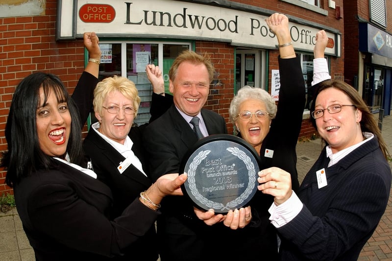 Staff at the Lundwood Post Office,on Pontefract Road won the Best Banking Sales Award for the Yorkshire & the North East in 2003. Celebrating their win are from LtoR. Jas Parkin(Managress),Maureen Kiggin(Sub Postmistress),Beryl Goddard(Counter Clerk),Vicky Harrison(Retail LIne Manager) as they receive their award from David Mellows-Facer(Head of Area for Post Office Ltd)