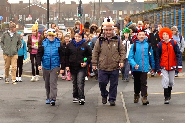 Teacher Tom Bisset leads the way on a sponsored walk to benefit the Hartlepool RNLI. Are you pictured?