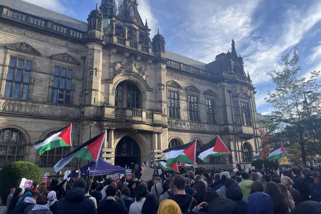 Free Palestine protest outside Sheffield Town Hall. Sheffield Council said it would review its policy on Town Hall flags but refused to apologise for hoisting the Israeli flag after a backlash.