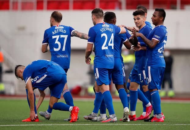 Rangers celebrate after Jermain Defoe bags their fourth goal of the game. Picture: SNS