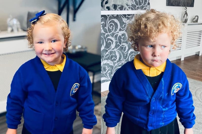Mylie age 3, on her first day of nursery - pictured before and after a fun-packed day!