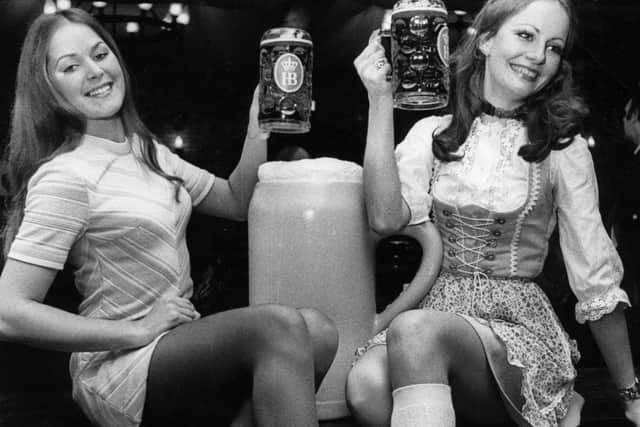 Miss Germany Heidi Webber, right, and Miss Great Britain Elizabeth Robinson at the opening of Hofbrauhaus, Sheffield on January 12, 1973