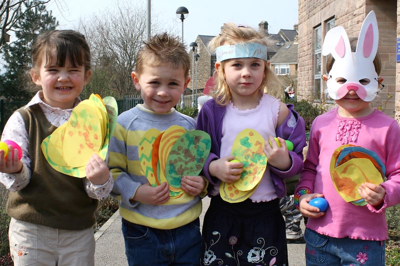 Megan Gosling, Tom Fenner,  Willow Bokor-Evans and Lily Fenner show off the proceeds of their Easter egg hunt at All Saints Infants School nursery in 2007.