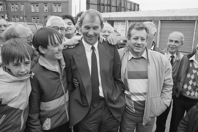 Fans greet Sunderland's new boss Denis Smith outside Roker Park in May 1987.