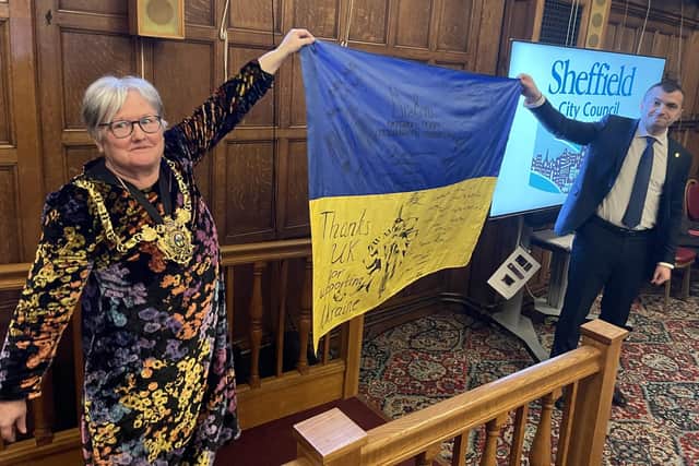 Lord Mayor of Sheffield Sioned-Mair Richards in December and the mayor of Khmelnytskyi in Ukraine, Oleksandr Symchyshyn, who presented the council with a flag signed by frontline troops he visited