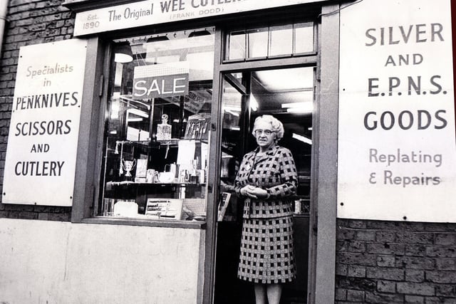 Mrs Ashby, owner of the Wee Cutlery Shop in Howard Street, Sheffield - November 17, 1975