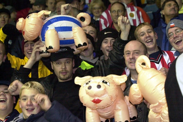 United fans at Hillsborough with their pigs.