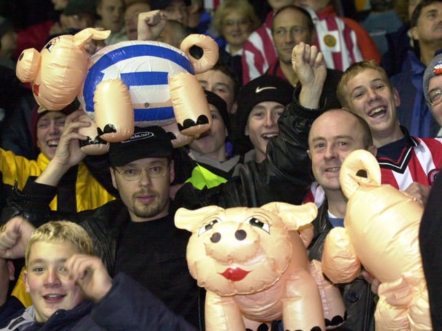 United fans at Hillsborough with their pigs.
