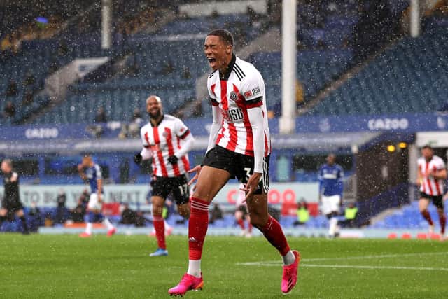 Daniel Jebbison of Sheffield United celebrates after scoring their side's first goal during the Premier League match between Everton and Sheffield United at Goodison Park on May 16, 2021 in Liverpool, England: Alex Pantling/Getty Images