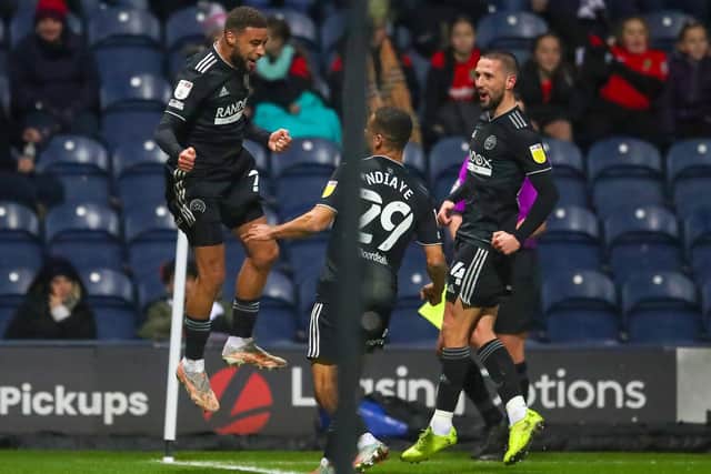 Jayden Bogle of Sheffield United celebrates scoring: Simon Bellis / Sportimage