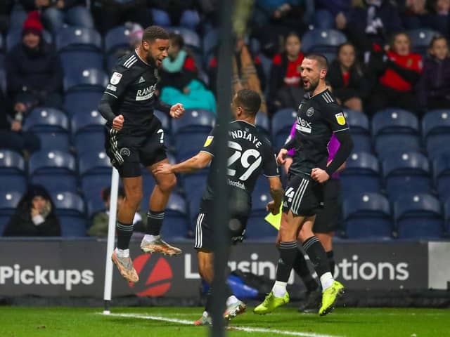 Jayden Bogle of Sheffield United celebrates scoring: Simon Bellis / Sportimage