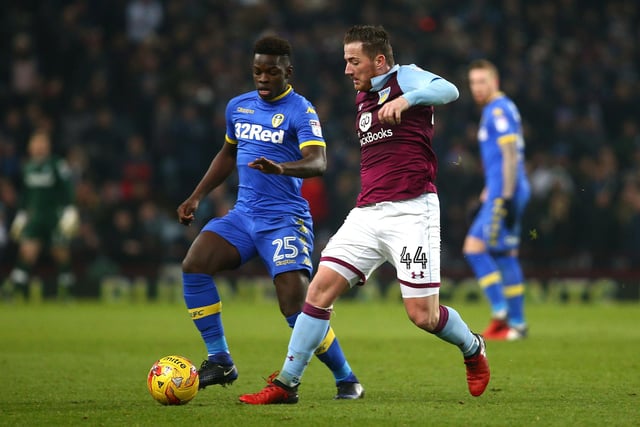 Ross McCormack of Aston Villa is put under pressure from Ronaldo Vieira of Leeds United during a Sky Bet Championship match at Villa Park on December 29, 2016.