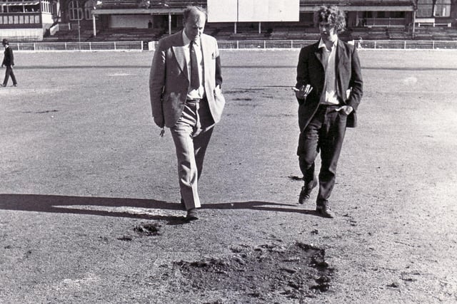 The damaged outfield after the final cricket match is played at the Lane in August 1973.