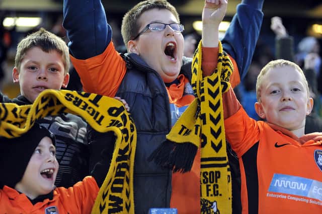 Worksop Town v Frickley Athletic in the S&H Senior Cup Final.  Tigers fans celebrate the win (w120508-17d)