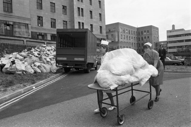 Nurses at Edinburgh's Royal Infirmary had to dump waste outside the hospital during the porters and auxiliaries strike in May 1982.