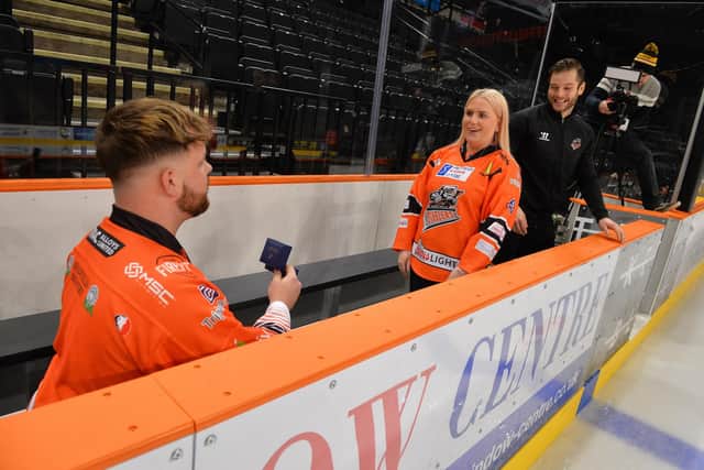 The magical moment when Sheffield Steelers fan Jack Holmes got down on one knee to propose to girlfriend Emma Britton