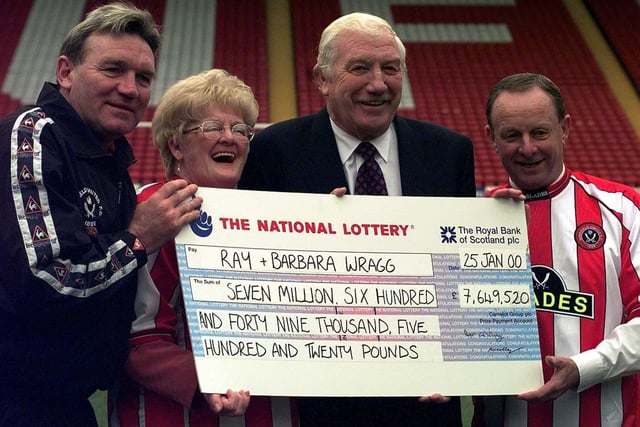 Sheffield United fans Ray and Barbara Wragg celebrate winning £7,649,520 National Lottery jackpot in January 2000, with their team's chairman Derek Dooley and Tony Currie