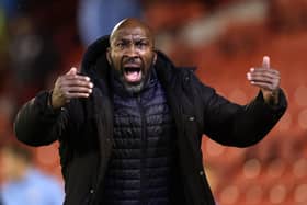Darren Moore, of Sheffield Wednesday, reacts during the Sky Bet League One between Barnsley and Sheffield Wednesday. (Photo by George Wood/Getty Images)
