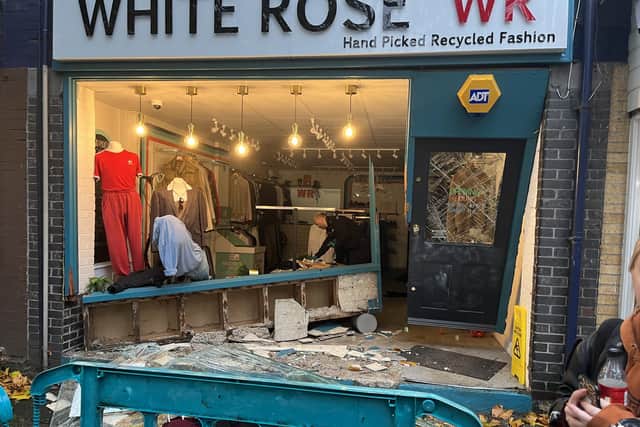 This was the front of the White Rose menswear charity shop after ram raiders crashed a car through its frontage. They hope to re-open soon.