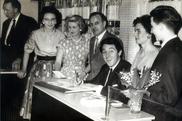 Singer and actor Anthony Newley on a promotional visit to Cox Radiovision (Sheffield) on Attercliffe Road in 1959