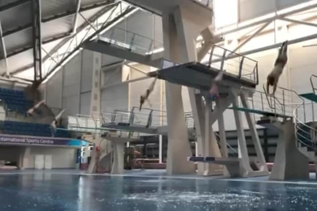 Sheffield Diving club members pull off a stunning five-person synchronised dive to mark the reopening of Ponds Forge International Sports Centre (pic: Sheffield Diving)