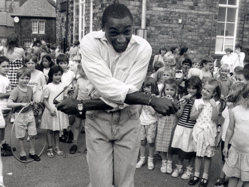 Herol Bomber Graham taking part in a sponsored skip at Hunters Bar Junior school - July 13, 1990