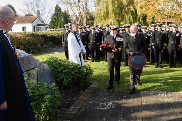HMS Collingwood held its Armistice Day Remembrance parade at which captain C Jordan laid a wreath on behalf of the ships company at the Falklands memorial. Picture: Keith Woodland