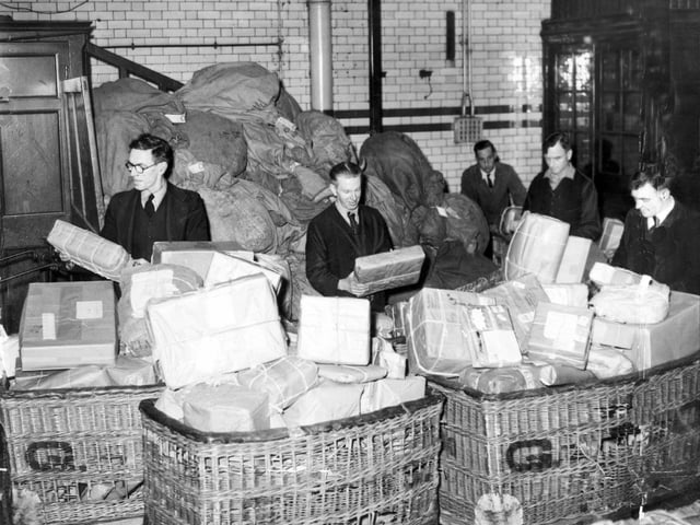 Christmas parcels being sorted at Sheffield GPO, November 1952