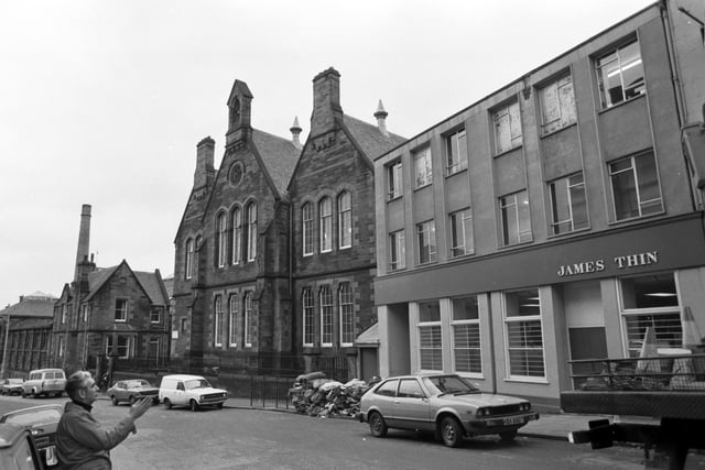 Exterior of South Bridge primary school behind James Thin book shop in Infirmary Street Edinburgh, January 1980.