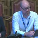 Alexis Chappell of Sheffield City Council and Ian Atkinson of NHS South Yorkshire reporting to the council's adult health and social care policy committee about improvements to hospital discharge services