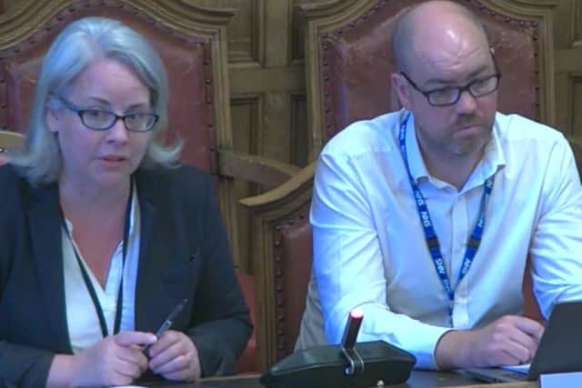 Alexis Chappell of Sheffield City Council and Ian Atkinson of NHS South Yorkshire reporting to the council's adult health and social care policy committee about improvements to hospital discharge services