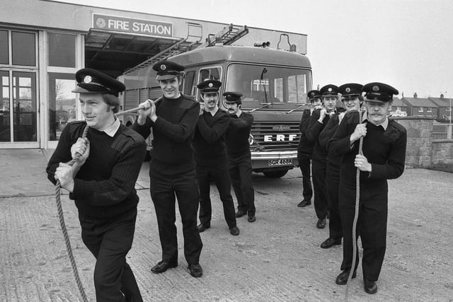 These firemen were towing a fire engine for charity. Remember this from April 1980?