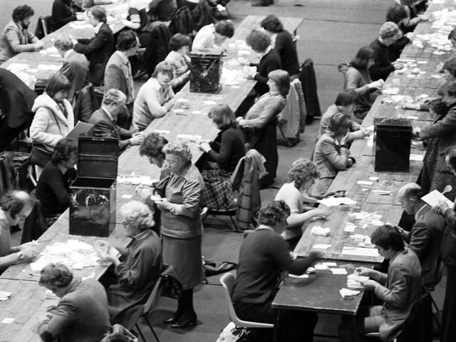 The counting hall at Meadowbank stadium in Edinburgh as the Scottish devolution referendum votes come in, March 1979.