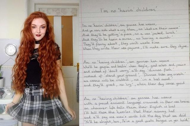 Scottish poet Len Pennie's  ‘I’m no havin’ children’ poem which is half written in Scots went viral after she posted a video of herself reciting her contrasting verses on Twitter in October.