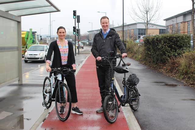 Leader of Rotherham Council, councillor Chris Read, and active travel commissioner for South Yorkshire, Dame Sarah Storey, today tried out the cycling route on Sheffield Road.