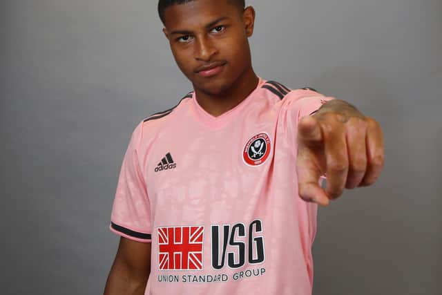 New signing Rhian Brewster wearing Sheffield United's pink shirt ahead of his return to Anfield: Simon Bellis/Sportimage