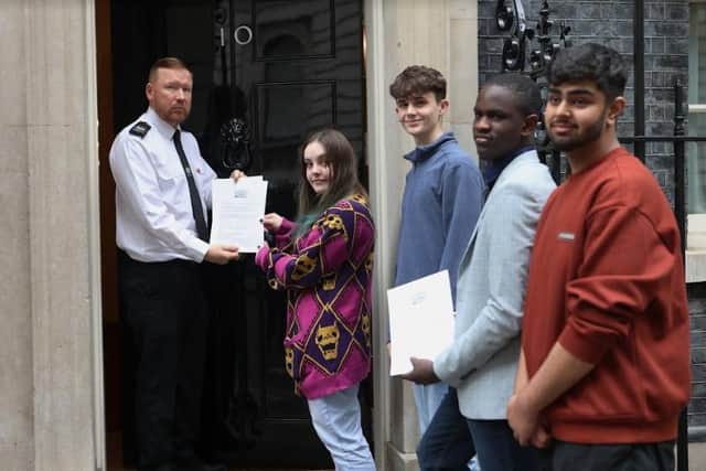 Sheffield school pupils, representing children across the country, visited Number 10 Downing Street to demand action tackling the climate emergency. Pupils from King Edward VII Upper School, in Broomhall, look their letter to the prime minister’s headquarters as world leaders gathered for COP27.