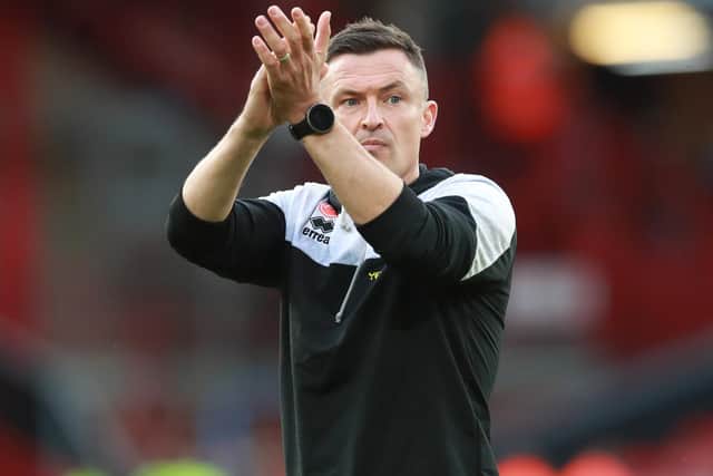 Sheffield United manager Paul Heckingbottom applauds the fans following the final whistle: Simon Bellis / Sportimage
