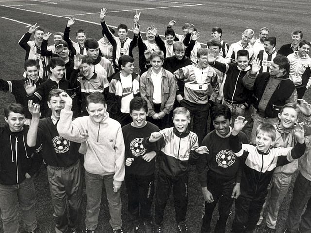 Members of the Throstles FC Sheffield (U/13, U/14 and U/15 teams) pictured at Bramall Lane, before leaving for Germany, February 20, 1988