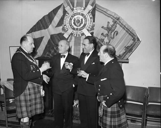 Mr Deane, Mr James Hoy, Mr E Willis and Mr M Valente at the Heather Club Burns Supper in 1963.