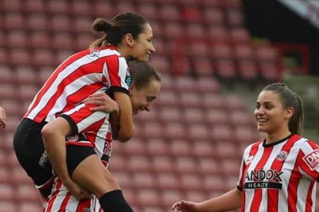 The Blades celebrate Sophie Haywood's goal at Bramall Lane. Picture: Sportimage