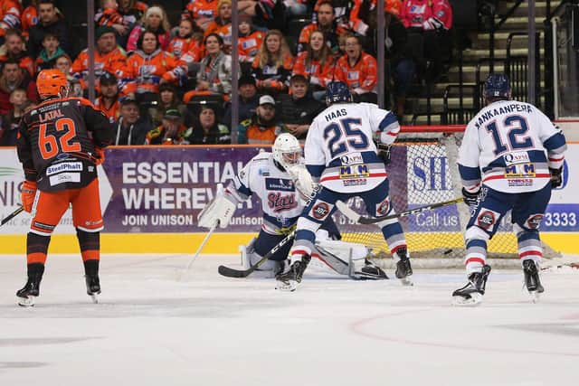 Back of the net - Sheffield Steelers register a first period goal against Dundee Stars. Picture: Hayley Roberts
