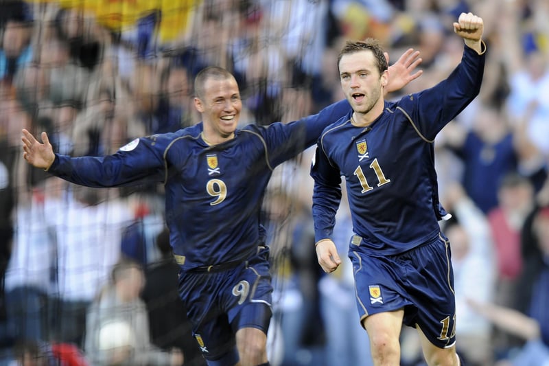 Faddy celebrates with Kenny as we take down Ukraine at Hampden.