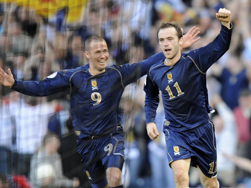 Faddy celebrates with Kenny as we take down Ukraine at Hampden.