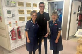 Thomas Newton pictured with Lisa Lincoln (left) and Tracey Burton (right) at the Jessop Wing Neo-natal Intensive Care Unit